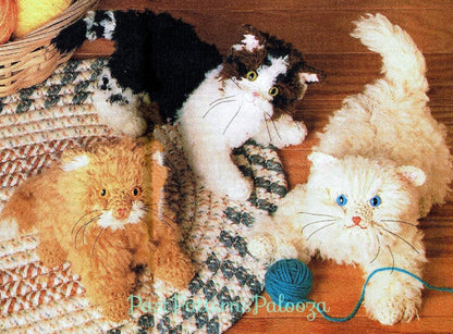 Vintage Crochet Pattern Three 7" Fluffy Kittens Amigurumi PDF Instant Digital Download Realistic Long Haired Kitty Cat Plush 10 Ply