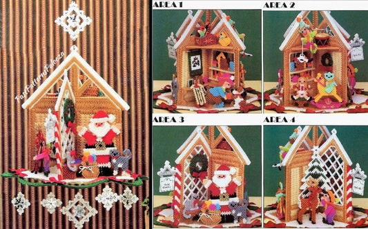 Vintage Plastic Canvas Pattern Santas Workshop Christmas House Centerpiece Mobile OR Ornaments PDF Instant Digital Download Holiday Decor