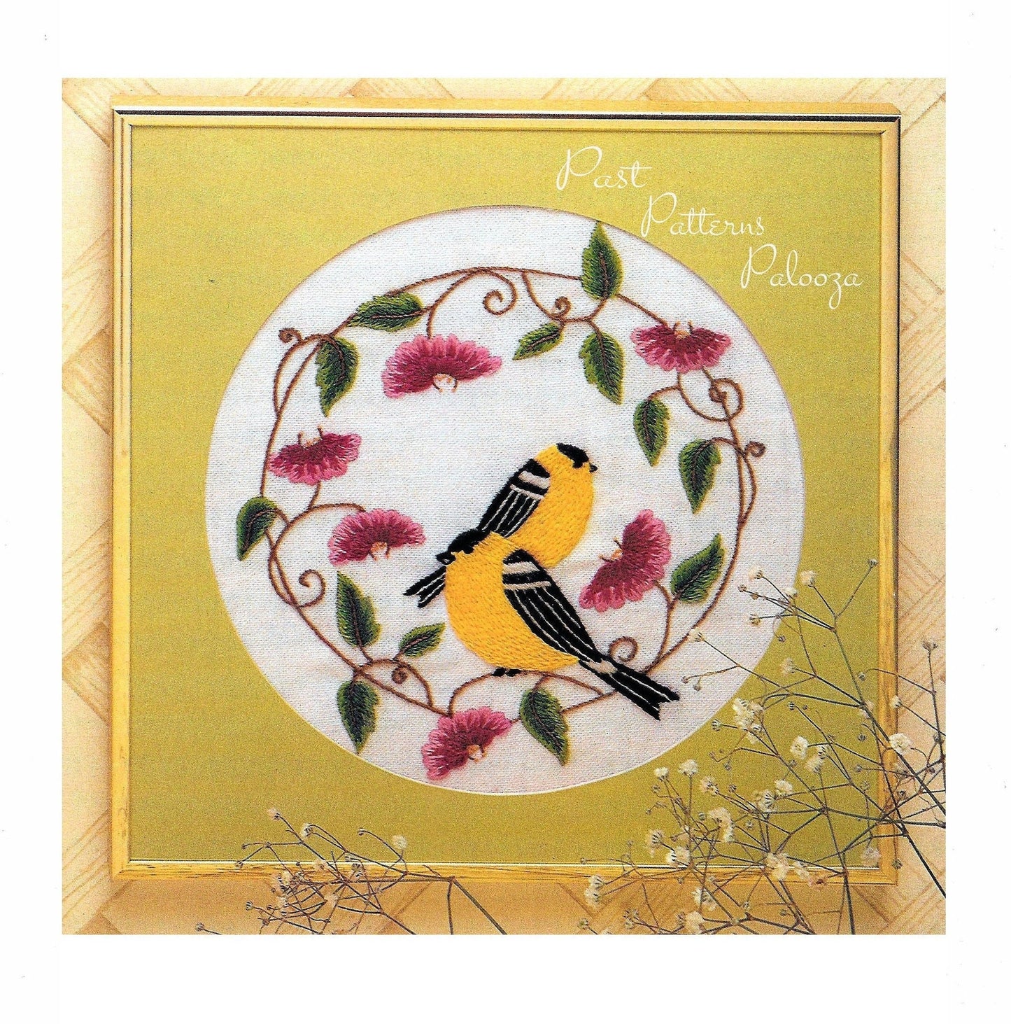 Vintage Crewel Embroidery Pattern 8" Goldfinch Birds Flowers Two Designs PDF Instant Digital Download Retro Little Yellow Birds