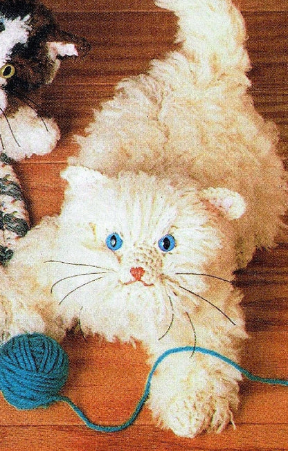 Vintage Crochet Pattern Three 7" Fluffy Kittens Amigurumi PDF Instant Digital Download Realistic Long Haired Kitty Cat Plush 10 Ply