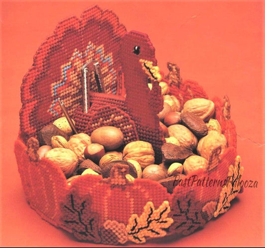 Vintage Plastic Canvas Pattern Turkey Pumpkins Candy Nut Treat Dish Centerpiece PDF Instant Digital Download Thanksgiving Table Decor 7 Ct