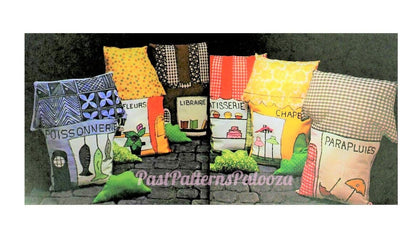 Vintage Sewing Pattern 21" French Village Shops Pillows Applique Fabric Cushions PDF Instant Digital Download 6 Kitsch Designs