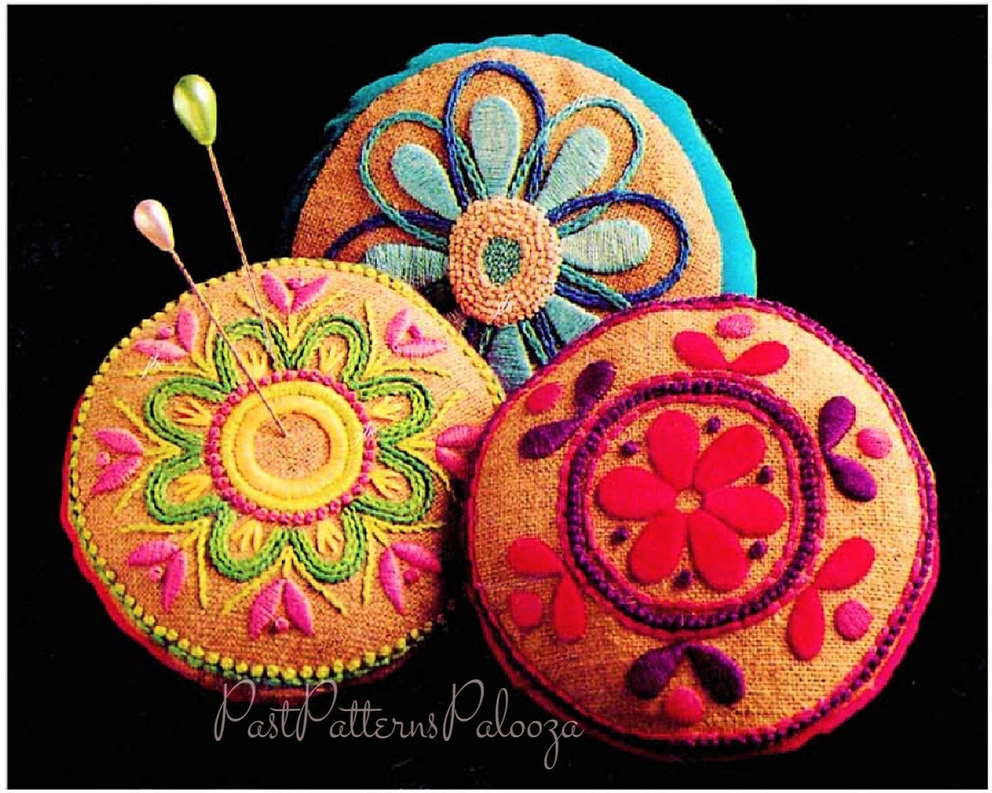 Vintage Embroidery Sewing Pattern 4" Flower Pincushions PDF Instant Digital Download 3 Retro Round Embroidered Pin Cushion Designs