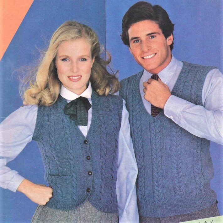 Vintage Knitting Pattern His & Hers Classic Cable Knit Cardigan Pullover and Vest Sweaters PDF Instant Digital Download Womens Mens Vests