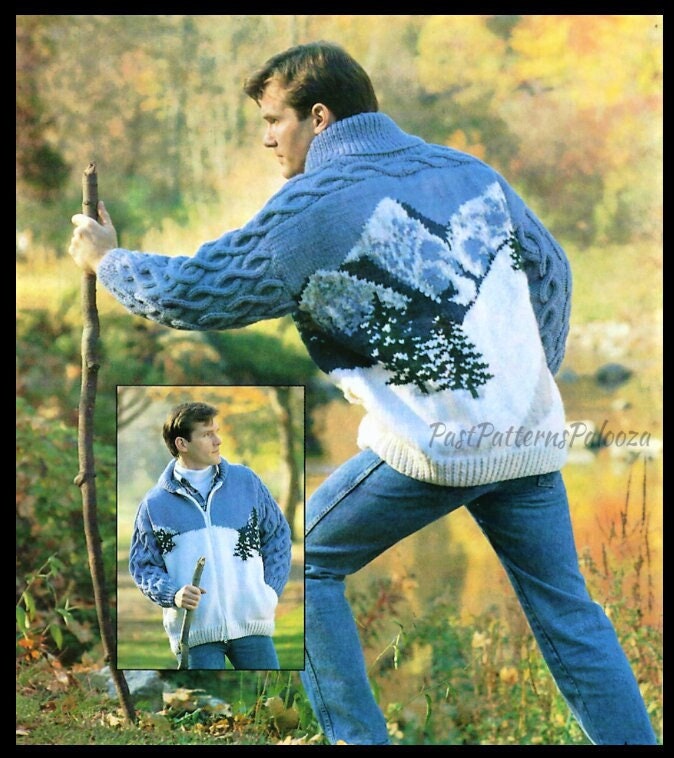 Vintage Knitting Pattern Mens Mountain Sweater Jacket Cabled PDF Instant Digital Download Northern Mountain Scene Front Zip Style 12 Ply