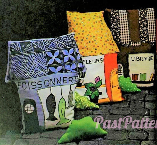 Vintage Sewing Pattern 21" French Village Shops Pillows Applique Fabric Cushions PDF Instant Digital Download 6 Kitsch Designs