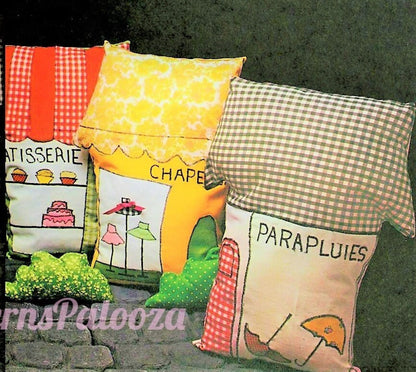 Vintage Sewing Pattern 21" French Village Shops Pillows Applique Fabric Cushions PDF Instant Digital Download 6 Kitsch Designs