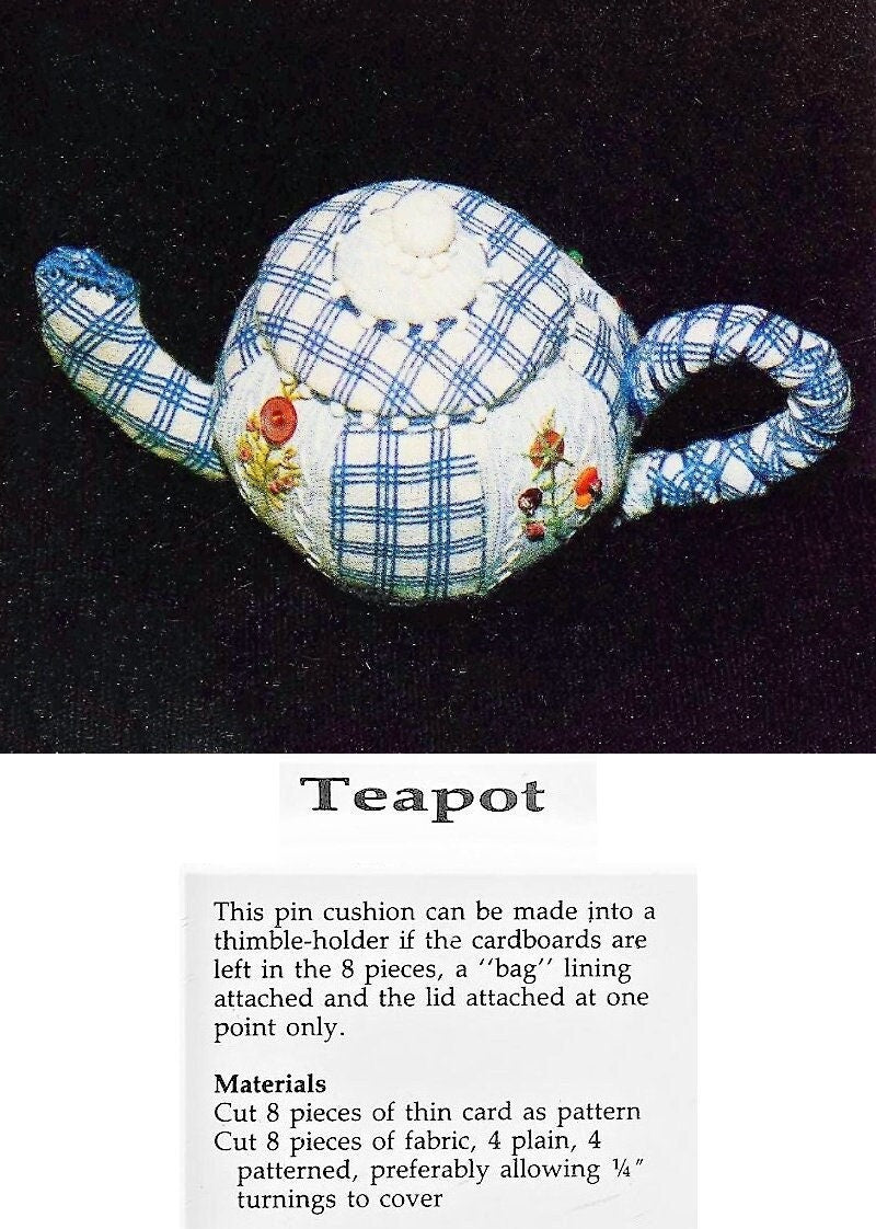 Vintage Sewing Pattern Mini Teapot Saucer Cup Pincushion Set PDF Instant Digital Download Novelty Fabric Pin Cushions Tea Lovers Gift