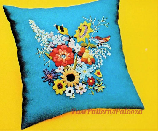 Vintage Crewel Embroidery Sewing Pattern 17" Sunshine Garden Pillow PDF Instant Digital Download Retro Floral Flower Little Bird Cushion