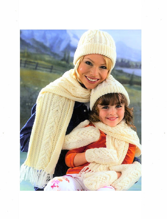Vintage Knitting Pattern Womens Girls Cabled Aran Panel Hat Scarf Mittens Set PDF Instant Digital Download 10 Ply