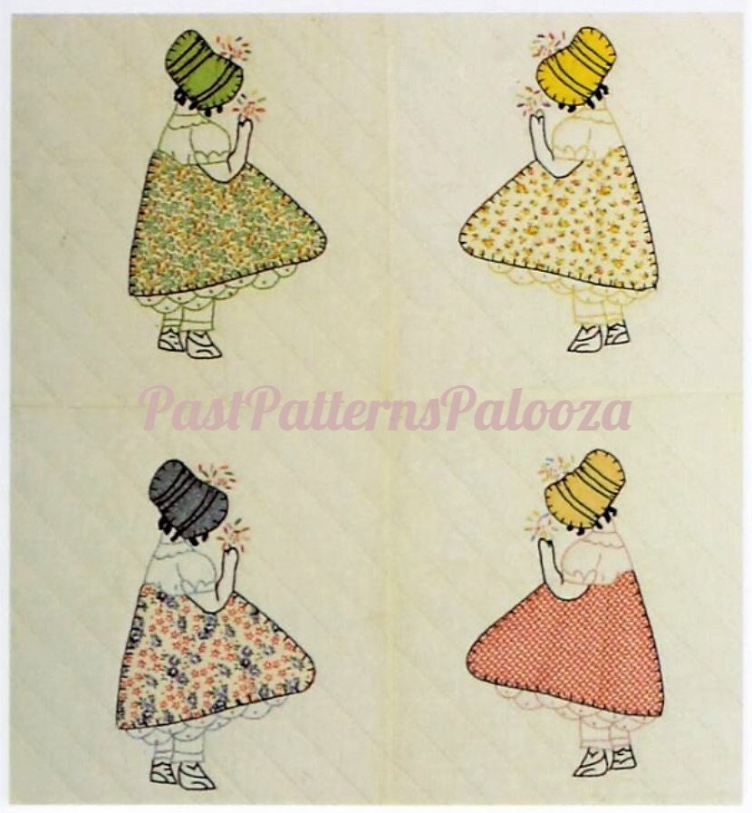 Vintage 1930s Sewing Pattern Sunbonnet Sue Little English Ladies Bed Quilt Applique Sun Bonnet Girl Blocks PDF Instant Digital Download