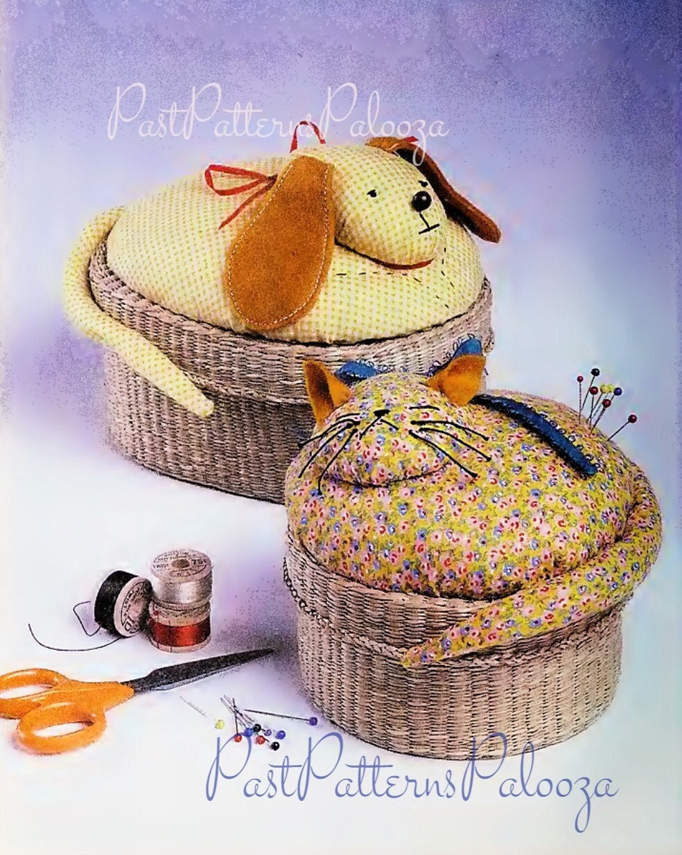 Vintage Sewing Pattern Fabric Gingham Dog and Calico Cat Sewing Baskets PDF Instant Digital Download Puppy Kitty Sewing Notions Holders