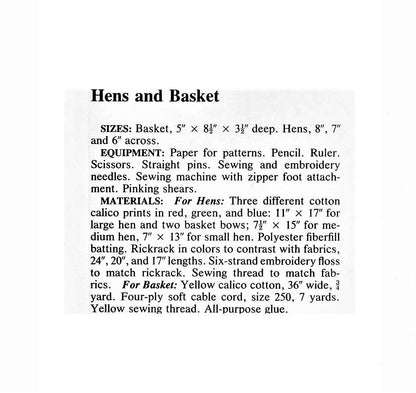 Vintage Sewing Pattern Calico Chicken Hen Potholders and Basket Set PDF Instant Digital Download Cotton Fabric Country Pot Holder Set