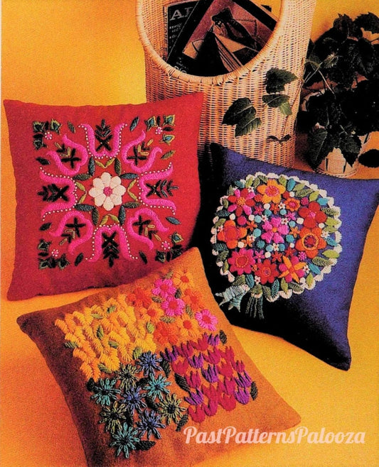 Vintage Crewel Embroidery Sewing Pattern 14" Flower Power Folk Art Pillows PDF Instant Digital Download 3 Floral Folksy Kitch Art Cushions