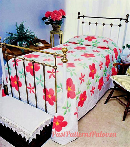 Vintage Sewing Pattern Country Rose Flowers Bed Quilt PDF Instant Digital Download Full Bloom Roses Cotton Applique Block Quilting 104x120