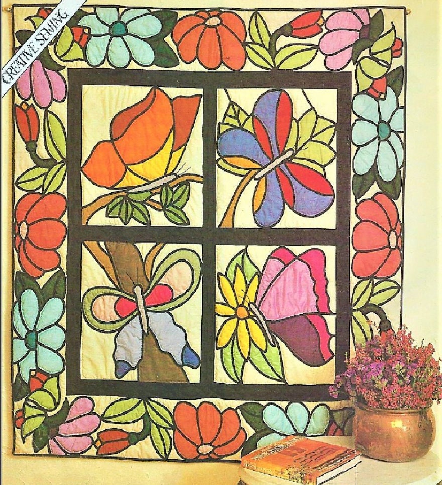 Vintage Sewing Pattern 52" Square Butterflies & Flowers Quilt Wall Hanging PDF Instant Digital Download Stained Glass Window Block Design