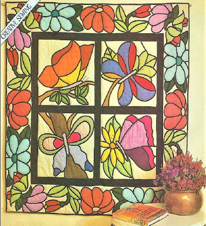 Vintage Sewing Pattern 52" Square Butterflies & Flowers Quilt Wall Hanging PDF Instant Digital Download Stained Glass Window Block Design