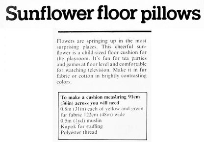 Vintage Sewing Pattern Large 36" Sunflower Floor Pillow Faux Fur Fabric PDF Instant Digital Download Retro Furry Flowers Play Cushion