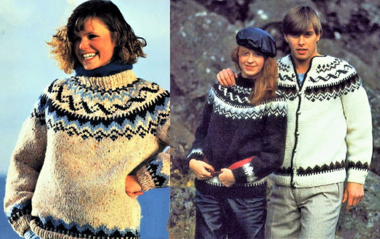 Vintage Knitting Pattern Nordic Icelandic Knit Wool Sweaters Pullover & Cardigan Curled Ribbon Motif PDF Instant Digital Download Fair Isle