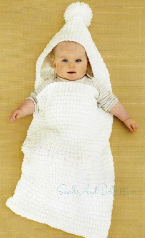 Vintage Knitting Pattern Baby Bunting Basketweave Sleeping Bag with Hood and Travel Blanket PDF Instant Digital Download 0-1 yr DK 8 Ply