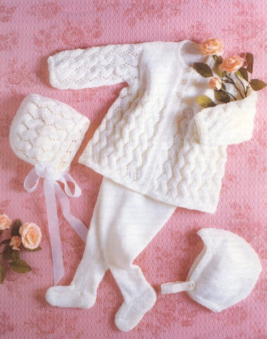 Vintage Knitting Pattern Baby Wavy Cable Matinee Coat Leggings Bonnet Helmet Set PDF Instant Digital Download 6-18m DK 8 Ply