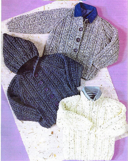 Vintage Knitting Pattern Toddler to Child Boy Aran Cardigan Sweaters Hooded Jackets PDF Instant Digital Download 18m - 10 Years 10 Ply