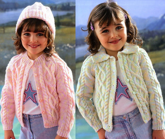 Vintage Knitting Pattern Kids Twisted Cable Aran Cardigan Sweater Hat Set PDF Instant Digital Download Baby Toddler Big Girls 1-9 Yrs 10 Ply