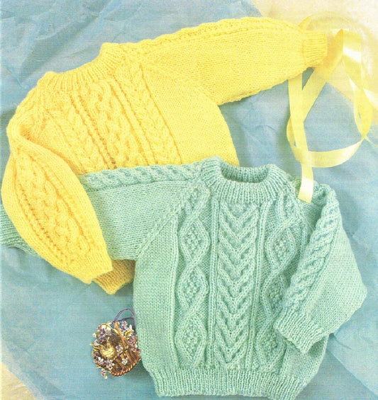 Vintage Knitting Pattern Baby Cable Fisherman Knit Crew Neck Sweaters 2 Designs PDF Instant Digital Download Birth to 18 Months 4 Ply