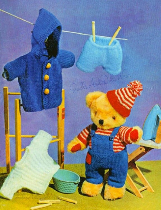 Vintage Knitting Pattern 12" Teddy Bear Clothes 3 Outfits PDF Instant Digital Download DK 8 Ply 4 Ply