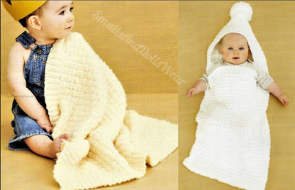 Vintage Knitting Pattern Baby Bunting Basketweave Sleeping Bag with Hood and Travel Blanket PDF Instant Digital Download 0-1 yr DK 8 Ply
