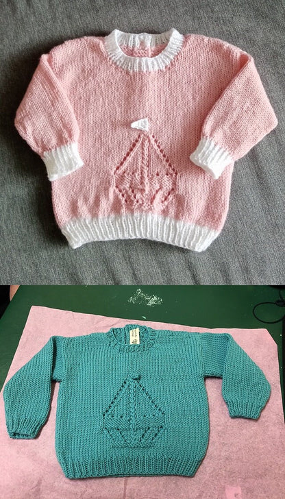 Vintage Knitting Pattern Baby Toddler Eyelet Sailboat Boat Motif Sweater Pullover Jumper PDF Instant Digital Download Newborn - 4 yrs DK
