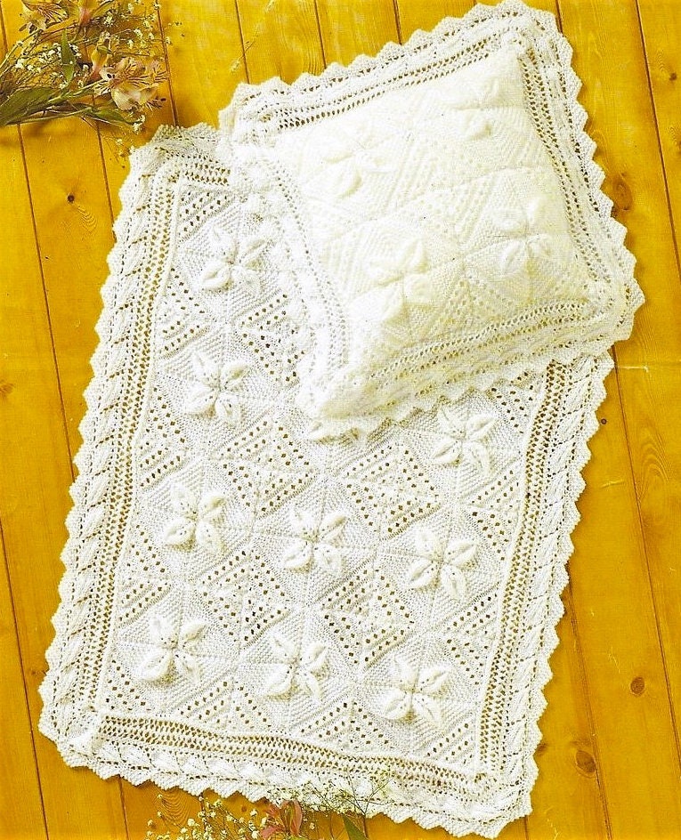 Vintage Knitting Pattern Lacy Raised Leaf Baby Blanket & Pillow Cover Set PDF Instant Digital Download Counterpane Pram Cot Cover DK