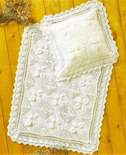 Vintage Knitting Pattern Lacy Raised Leaf Baby Blanket & Pillow Cover Set PDF Instant Digital Download Counterpane Pram Cot Cover DK
