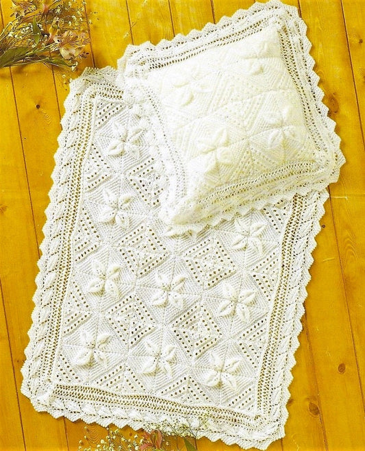 Vintage Knitting Pattern Lacy Raised Leaf Baby Blanket & Pillow Cover Set PDF Instant Digital Download Counterpane Pram Cot Cover DK