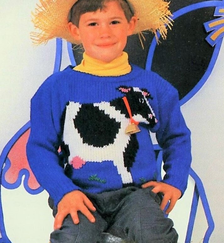 Vintage Knitting Pattern Knit Childs Cow Motif Sweater PDF Instant Digital Download  Boys Girls Farm Animal Pullover Jumper 6-10 yrs 5 Ply