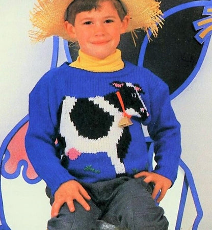 Vintage Knitting Pattern Knit Childs Cow Motif Sweater PDF Instant Digital Download  Boys Girls Farm Animal Pullover Jumper 6-10 yrs 5 Ply