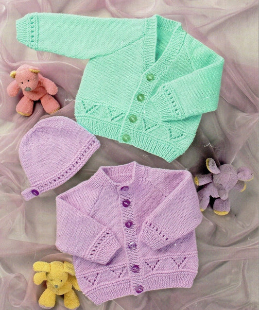 Vintage Knitting Pattern Knit Baby Cardigan Sweaters Hat Set PDF Instant Digital Download Openwork Borders Preemie - 4 years DK 8 Ply