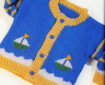 Vintage Knitting Pattern Baby Boy Knit Sailboat Motif Cardigan Sweater PDF Instant Digital Download Nautical Boats 0-24 m 10 Ply