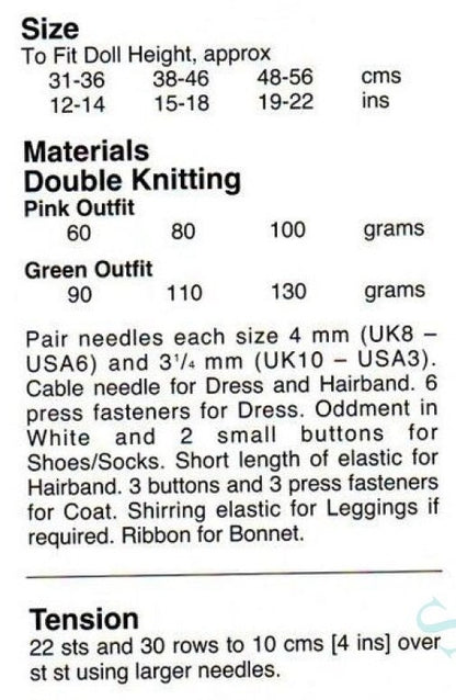 Vintage Knitting Pattern Doll Clothes Pretty Outfits 12-14 15-18 19-22 Inch Dolls PDF Instant Digital Download DK 8 Ply Dress Coat Leggings