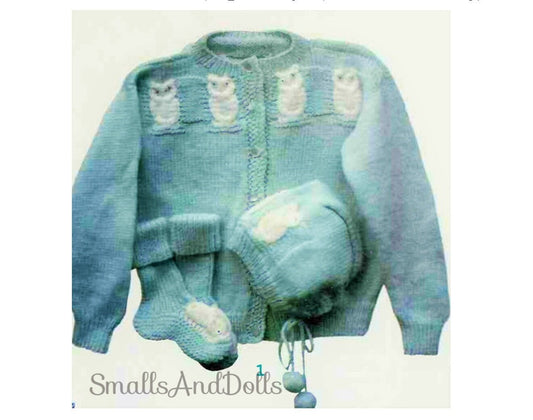 Vintage Knitting Pattern Baby Owl Cardigan Sweater Hat Booties Set PDF Instant Digital Download 6-12 m 4 Ply