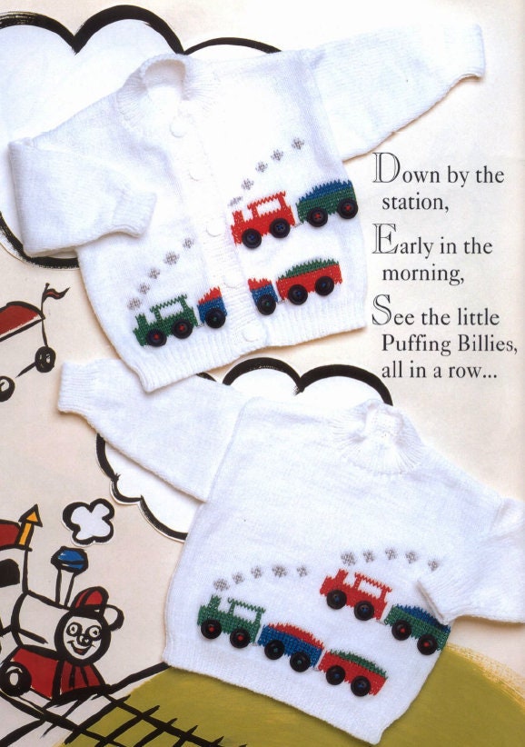 Vintage Knitting Pattern Knit Baby Boys Choo Choo Train Cardigan & Pullover Sweaters PDF Instant Digital Download 0-18m 4 Ply