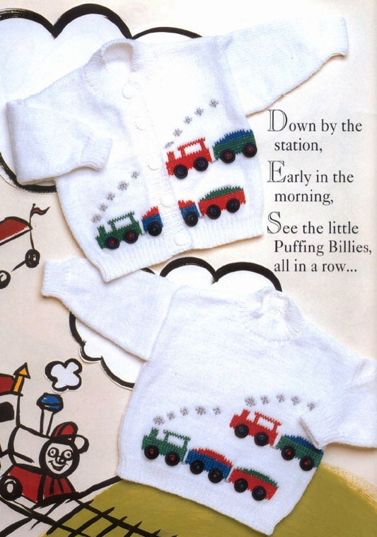 Vintage Knitting Pattern Knit Baby Boys Choo Choo Train Cardigan & Pullover Sweaters PDF Instant Digital Download 0-18m 4 Ply