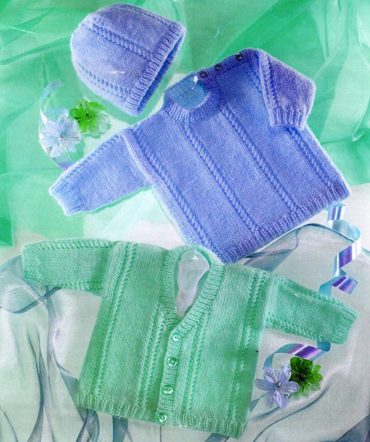 Vintage Knitting Pattern Baby Cardigan Pullover Sweater Hat Set Rib Stripe Panels PDF Instant Digital Download 0 - 2 yrs DK 8 Ply