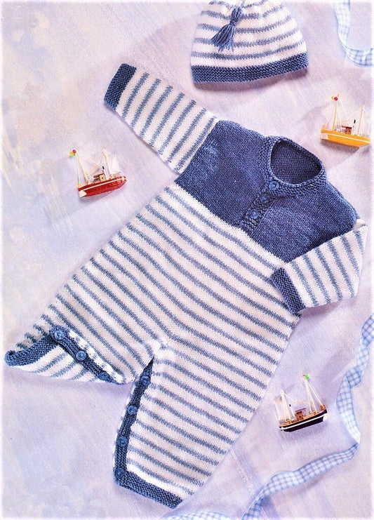Vintage Knitting Pattern Baby to Toddler Boy Striped Romper Playsuit & Hat Set PDF Instant Digital Download 0 - 3 Years DK 8 Ply