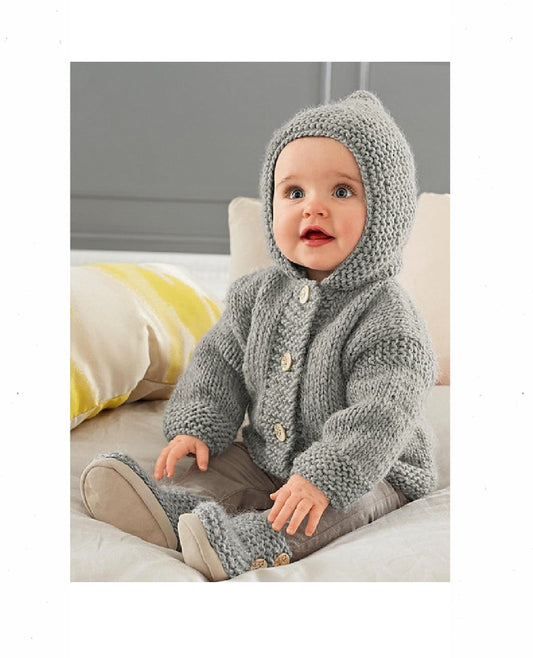 Vintage Knitting Pattern Baby Pixie Hoodie Hooded Jacket & Booties Set Chunky Easy Knit PDF Instant Digital Download 3-24m 12 Ply