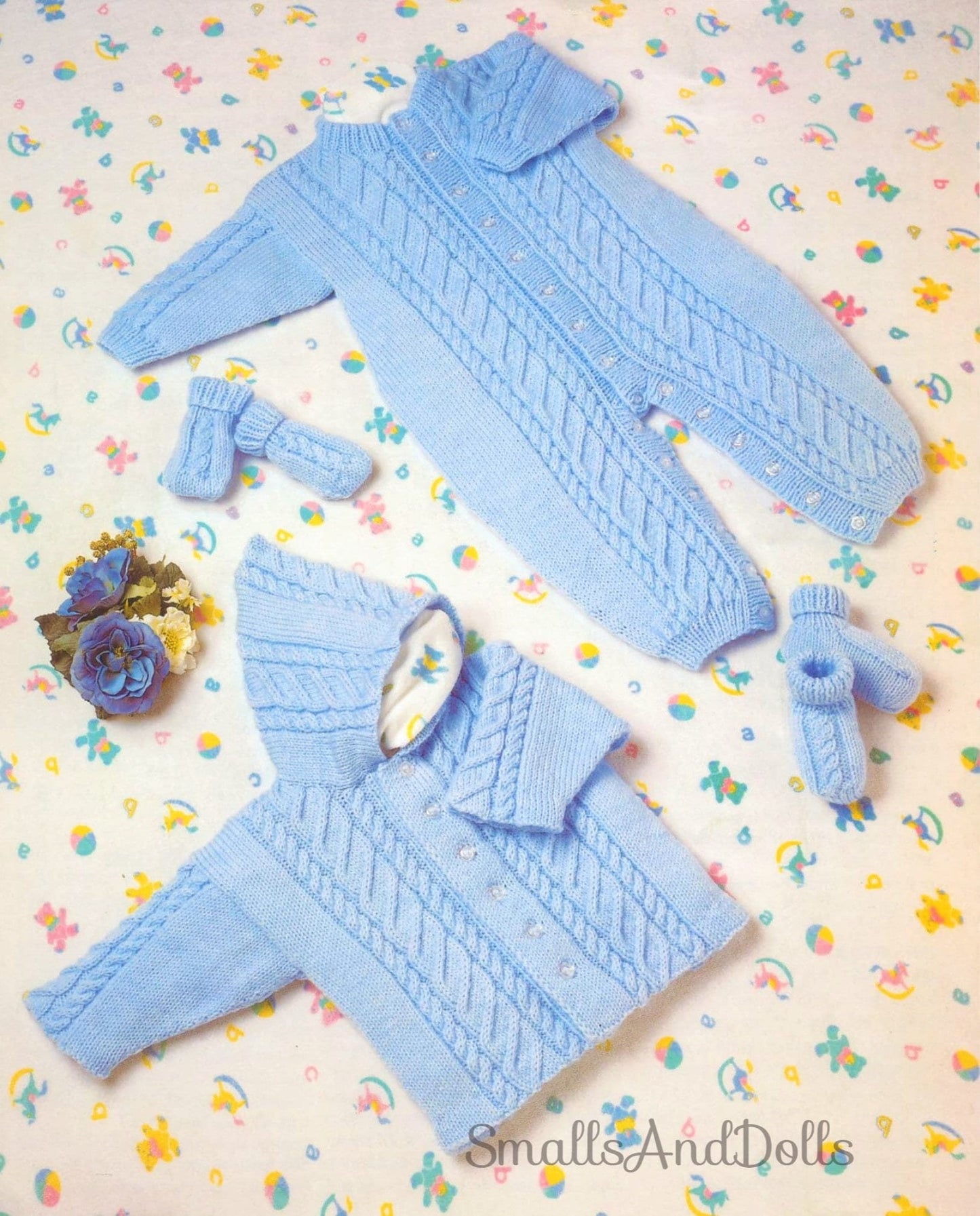 Vintage Knitting Pattern Baby Boy Girl Cable All In One Romper Jacket Booties Mitts Set  PDF Instant Digital Download Preemie - 2 yrs DK