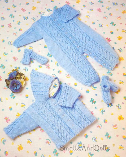 Vintage Knitting Pattern Baby Boy Girl Cable All In One Romper Jacket Booties Mitts Set  PDF Instant Digital Download Preemie - 2 yrs DK