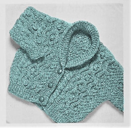 Vintage Knitting Pattern Knit Baby Aran Cardigan Sweater Hat Shoes Set PDF Instant Digital Download Bobble Cables 0-9m DK