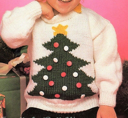 Vintage Knitting Pattern Kids Childs Christmas Tree Sweater PDF Instant Digital Download Pullover Jumper Buttons Tree 2-8 Years 10 Ply