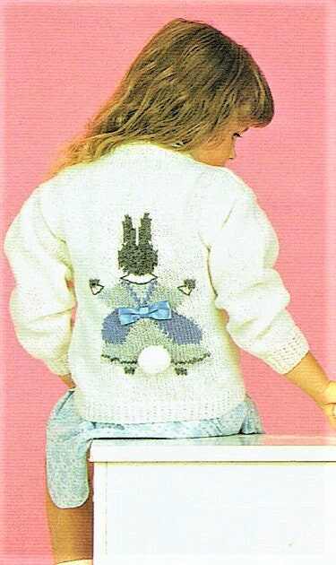 Vintage Knitting Pattern Girls Bunny Rabbit Sweater PDF Instant Digital Download 2-9 Yrs 5 Ply DK 8 Ply  Mrs Cottontail Easter Jumper